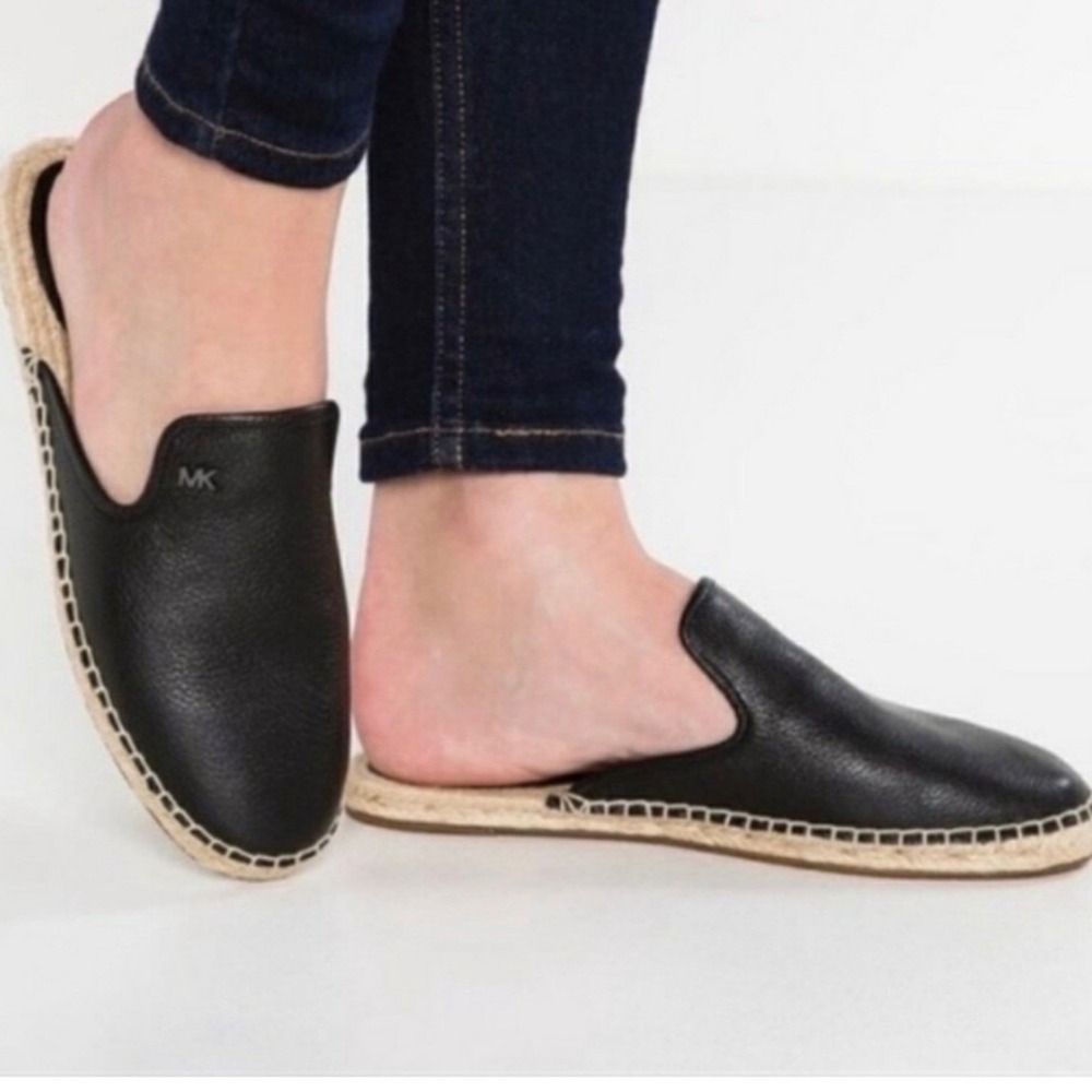 Michael Kors Hastings Mule 8.5 Black Leather Espadrille Slip-on Shoe